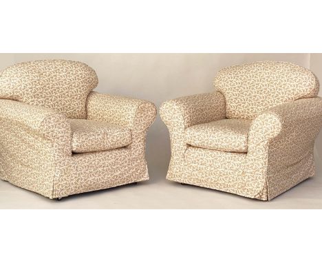 ARMCHAIRS, a pair, Country House style with Colefax seaweed print loose covers with arched back and rounded arms, 100cm W. (2