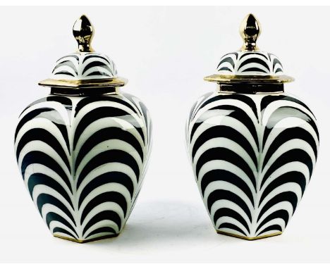 GINGER JARS, 41cm H x 25cm diam., a pair, glazed ceramic black and white striped print. (2) 