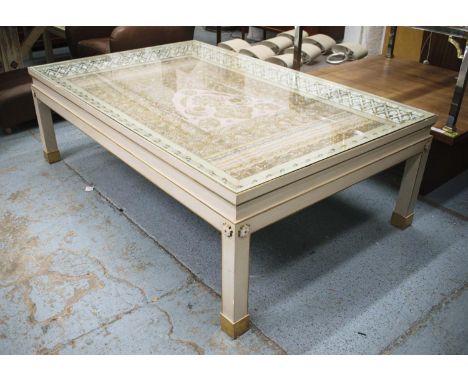 LOW CENTRE TABLE, 61cm H x 188cm W x 121cm D, painted, gilt heightened, brass and mother of pearl with Persian embroidered te