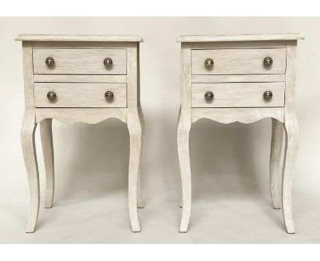 BEDSIDE/LAMP TABLES, a pair, French Louis XV style traditionally grey painted each with two drawers, 40cm W x 30cm  x 69cm H.