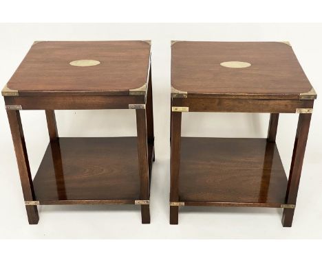 LAMP TABLES, a pair, campaign style mahogany and brass bound, oval inset with two tiers, 45cm W x 44cm D x 54cm H. (2) 