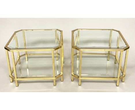 LAMP TABLES, a pair, 1970's French octagonal bevelled glass on polished brass frames with undertier, 60cm x 60cm x 46cm H. (2