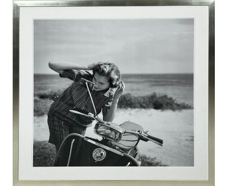 SLIM AARONS, Holiday Hair Check, Faith Gibbons checks her hair in the mirror of a motor scooter, Bermuda, circa 1958, 90cm H 