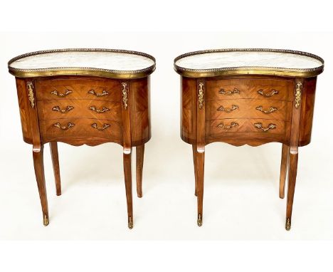 LAMP TABLES, a pair, French Traditional style mahogany and gilt metal galleried and mounted, each with three drawers, 32cm x 
