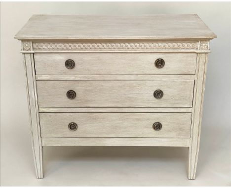 COMMODE, Gustavian style traditionally grey painted with three long drawers and silvered metal handles, 93cm W x 47cm D x 82c