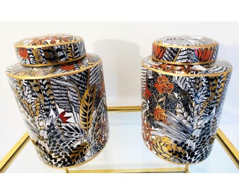GINGER JARS, 30cm H x 20cm diam, a pair, glazed ceramic with foliate print design. (2) 