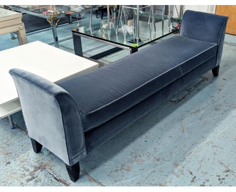 BENCH, upholstered in blue velvet, 200cm L x 65cm H x 47cm D. 