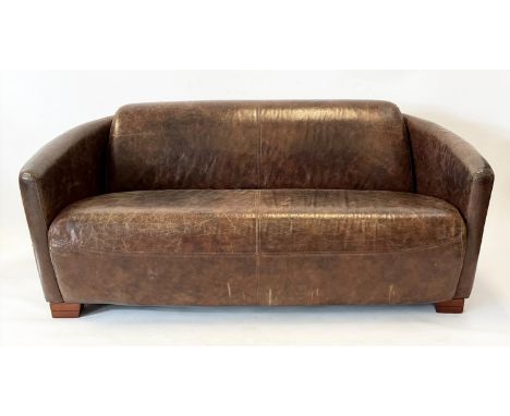 SOFA, Art Deco Club style, stitched tan leather, raised on square supports, 169cm W x 68cm H. 