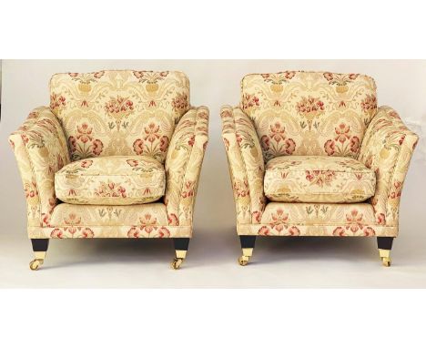 ARMCHAIRS, a pair, tapestry weave upholstered with square outswept arms and tapering square supports with castors. (2) 