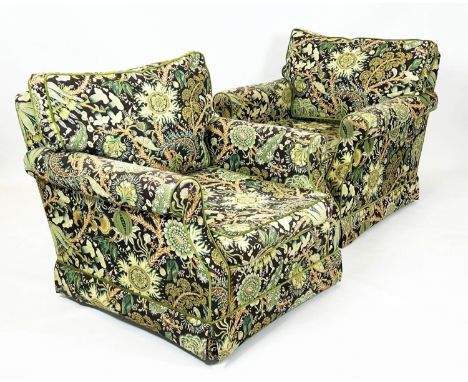 DURESTA ARMCHAIRS, a pair, traditional design, upholstered in William Morris style botanical print upholstery, 74cm H x 84cm.