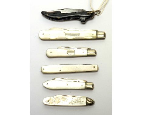 Four silver bladed folding fruit knives with mother of pearl handles; another with steel blade; and a shoe pattern knife with