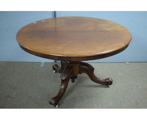 A Victorian mahogany tilt-action breakfast table, the circular top raised on a turned column stem, leaf carved tripod base wi