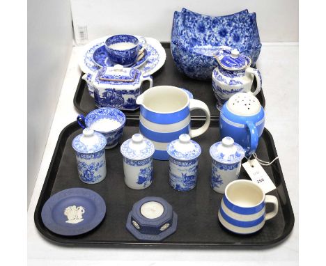 An assorted selection of blue and white ceramics, including: Cornish Kitchenware blue and white striped jug and mug by TG Gre
