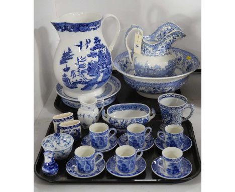 A selection of blue and white ceramic wares, including: set of six Abbey England coffee cups and saucers; Royal Copenhagen cr