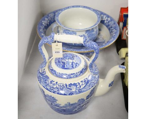 A Spode's Italian pattern blue and white ceramic tea pot, of large proportions, 30cms high; together with a Copeland Spode's 