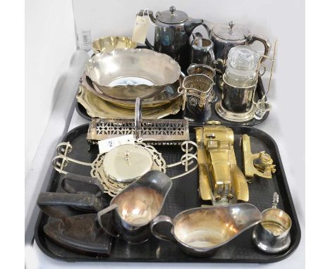 A selection of silver plated and brass wares, including: cut glass pickle jar and cover in silver plated stand, with fork; th