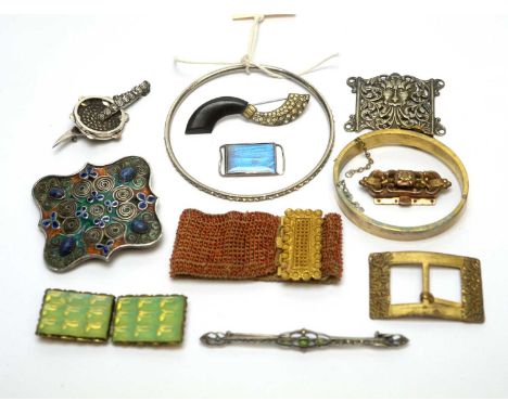A selection of silver and other brooches, one enamel, others set marcasite and other stones; and other items. 