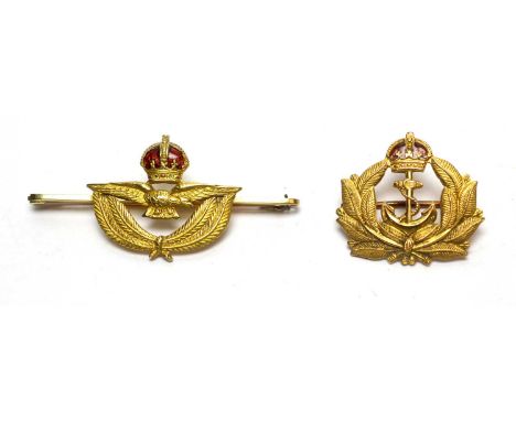 Please note first brooch 15ct stamped not 18ct.An 15ct yellow gold RAF sweetheart brooch, with enamel crown, 5.3g gross; and 