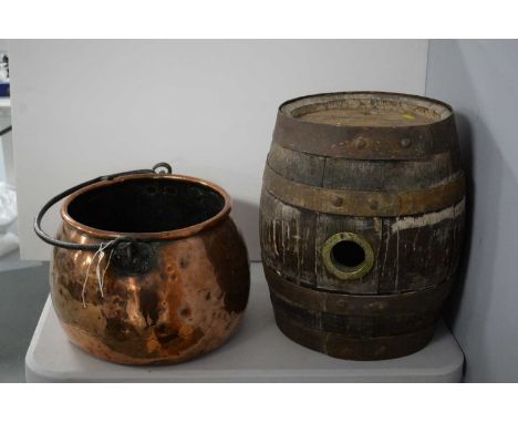 A 19th Century hammered copper cauldron, 38cms wide; together with a William Younger &amp; Co Ltd barrel, 41cms high; and a p