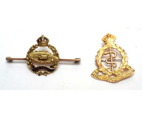 A 9ct yellow gold and enamel Royal Tank Corps sweetheart bar brooch, 5.2g gross; and a 9ct yellow gold Royal Army Medical Cor