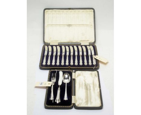 A silver knive, fork, and spoon set, by William Lister &amp; Sons, cased; and a set of twelve tea knives with silver filled h