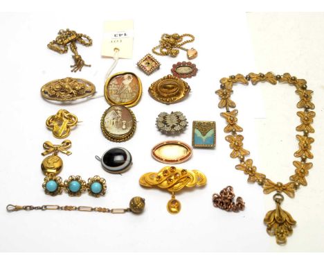 A gold and enamel brooch, missing mount, 6.6g gross; a selection of gilt metal and other jewellery, brooches, chains,etc.