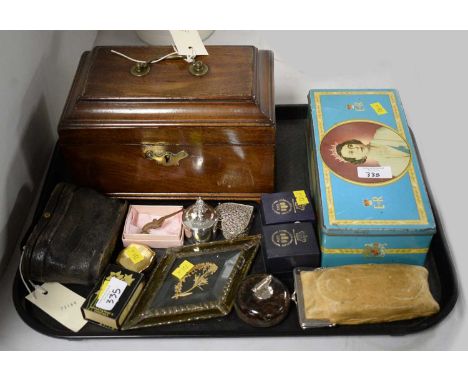 A selection of desk accessories and collectibles, including: leaded foliate set and stained glass panel; cased pair of opera 