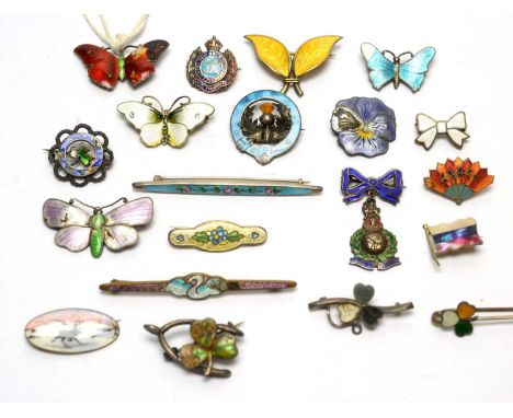 A selection of silver and enamel brooches, including one of yellow leaf form by David Andersen, others Norwegian, Danish and 