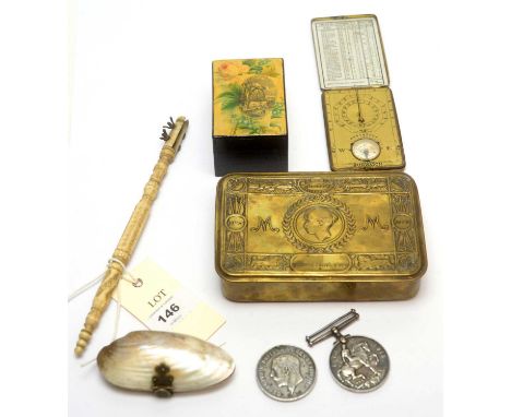 A 19th Century carved bone face shield handle; two WWI medals; a WWI Christmas Tin; a brass pocket 'Sunwatch' compass &amp; s