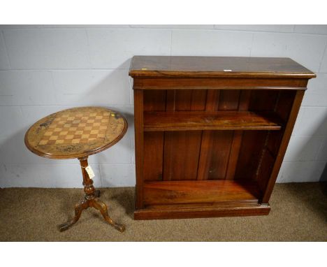 An early 20th Century walnut open bookcase, 90 x 28 x 99cms high; together with a Victorian inlaid walnut tripod games table,