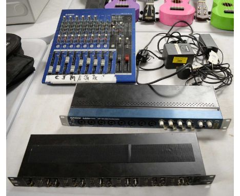 A Yamaha Mixing Console MG12/4 FX; together with a Head Amp 6 professional six-channel headphone amplifier; and a PreSonus Au