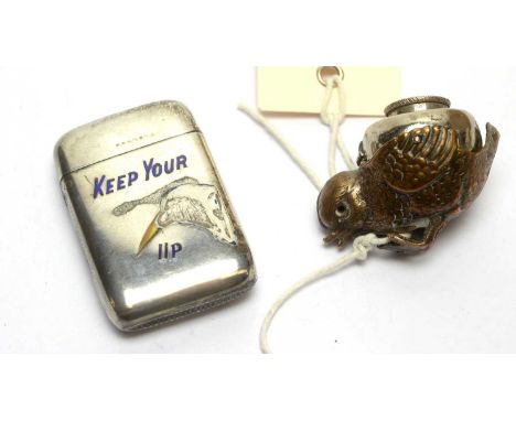 A late Victorian plated metal and enamel vesta case, inscribed 'Keep Your (Pecker) Up' around a bird's beak being the Pecker,
