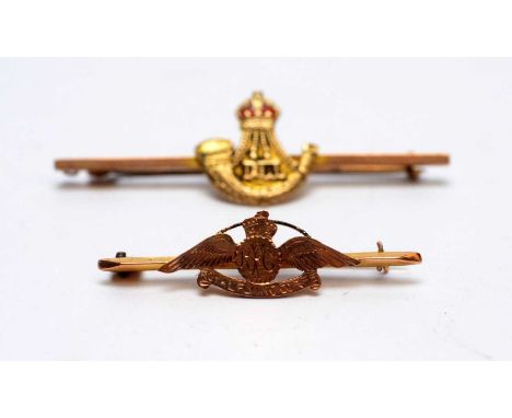 A 9ct yellow gold Durham Light Infantry sweetheart brooch, with enamel crown, 3.1g gross; and a 9ct yellow gold Royal Flying 