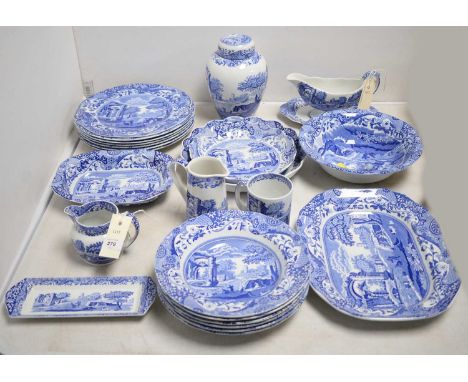 A Spode Italian pattern blue and white part dinner service, including: six dinner plates, six bowls, ginger jar with cover, s