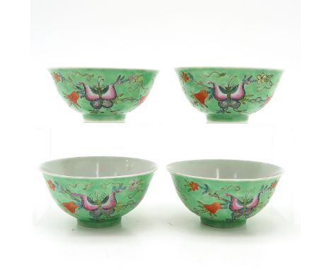Light green background with butterfly and flower decor, marked on bottom with 6 characters, 12 cm. in diameter.