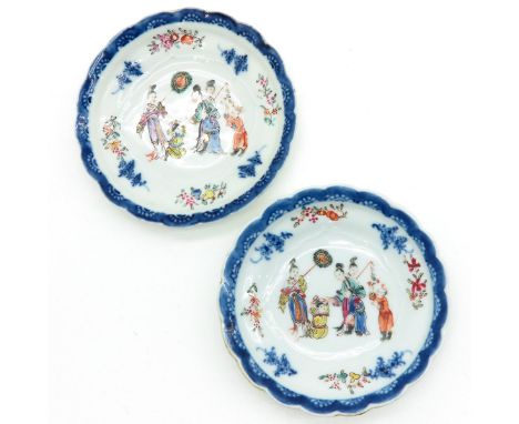 Polychrome decor with blue border, depicting scene of ladies playing wth children, 12 cm. in diameter, chip and hairline in g