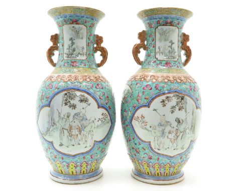 Light green background with polychrome decor of gathering of Chinese men, 45 cm. tall, including hairline.