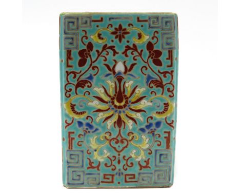 Light blue/green background decor with polychrome enamels, marked with seal mark on the bottom, 17 cm. tall.