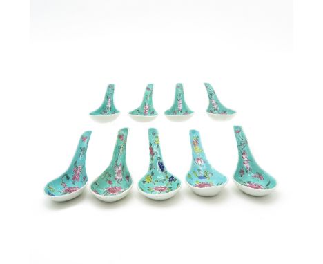 Light green background with floral decor, 14 cm. long, including small chip and hairline.
