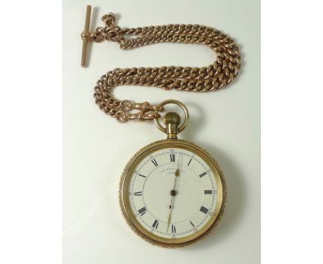 A Thomas Russell &amp; Son 9ct gold pocket watch, open face, keyless wind, white dial and central seconds sweep hand, foliate