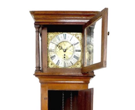 An 18th century mahogany longcase clock, 8 inch brass dial with silvered chapter ring, applied spandrels, 30 hour four pillar