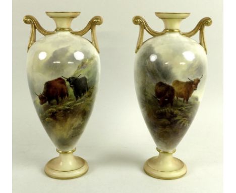 A pair of Royal Worcester porcelain blush ivory twin handled vases, early 20th century, decorated by John Stinton with Highla