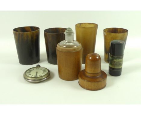 A collection of four Georgian and Victorian horn beakers, 7.7 by 10.3cm and smaller, together with a vintage white metal pock