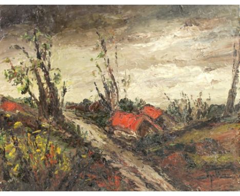 A 20th century landscape study, with red roofed barns, oil on canvas, with heavy impasto surface, signed indistinctly lower r