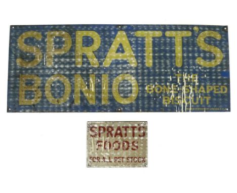 A blue enamel advertising sign for Spratts Bonios, 'The Bone Shaped Biscuit', by Wood and Penfold Ltd London EC2, 76 by 30cm,