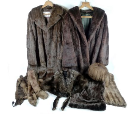 A group of vintage fur items of clothing, comprising a T. B. Dawson fur coat, three hook and eye clasps, 102cm neck to hem, a