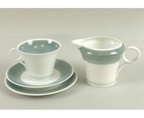 A Shelley Art Deco part tea service, shape number 13706, decorated with pale green bands, comprising twelve cups, 10 by 7cm, 