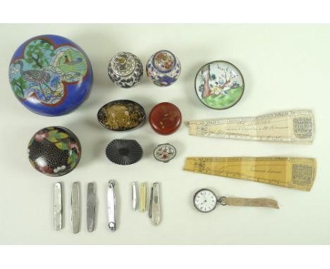 A group of mixed collectibles, including two cloisonne enamel lidded bowls, two miniature lidded vases, a pocket watch, a min