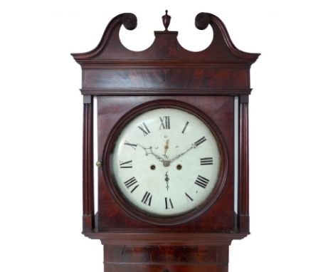 A 19th century mahogany long case clock, 8 day movement chiming on a bell, circular dial with black Roman numerals, 13.5 inch