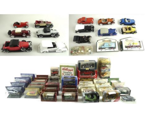 A mixed collection of die cast models, all boxed, including Models of Yesteryear, Corgi Classics, Maisto 1/24 scale Burago Te